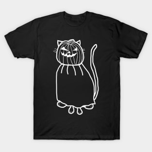 Minimal White Line Cute Cat Wearing Halloween Horror Costume T-Shirt